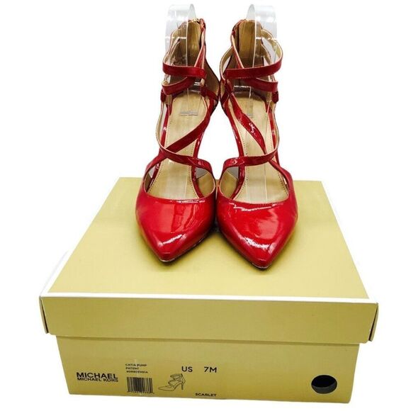 MICHAEL MICHAEL KORS Catia Red Pointed Toe Strappy Heels Patent Leather 7 4" - Picture 9 of 11